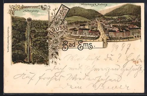 Lithographie Bad Ems, Malbergbahn, Winterberg und Malberg