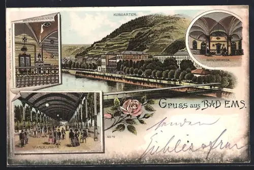Lithographie Bad Ems, Kurgarten, Wandelbahn, Kesselbrunnen