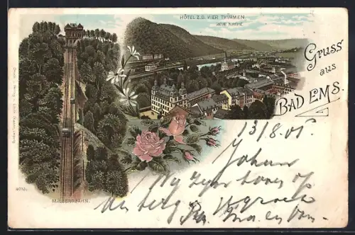 Lithographie Bad Ems, Hotel zu den Vier Thürmen, Malbergbahn