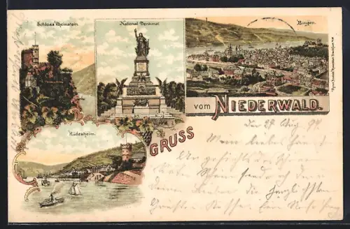 Lithographie Rüdesheim / Rhein, Schloss Rheinstein, Nationaldenkmal, Blick auf Bingen