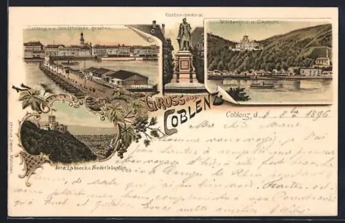 Lithographie Koblenz, Schiffsbrücke, Goeben-Denkmal, Stolzenfels u. Capellen