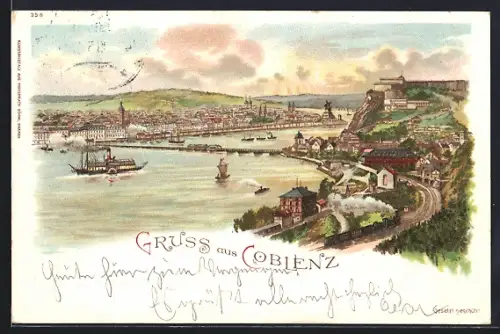 Lithographie Coblenz, Ortspanorama