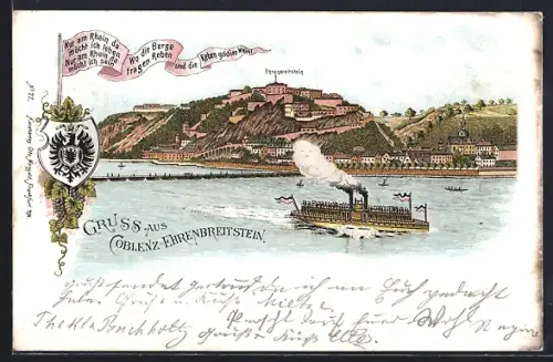 Lithographie Koblenz-Ehrenbreitstein, Festung Ehrenbreitstein, Dampfschiff auf dem Rhein, Wappen