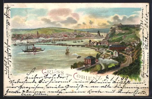 Lithographie Koblenz, Rheinpanorama, Festung Ehrenbreitstein, Dampfschiffe, Bahnhof