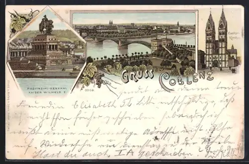 Lithographie Coblenz, Kaiser Wilhelm-Denkmal, Rheinbrücke, Castor-Kirche