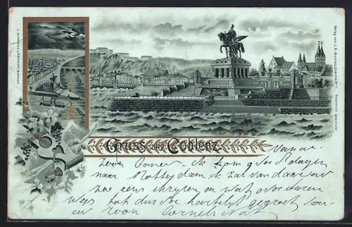 Lithographie Koblenz, Ortspanorama im Mondschein