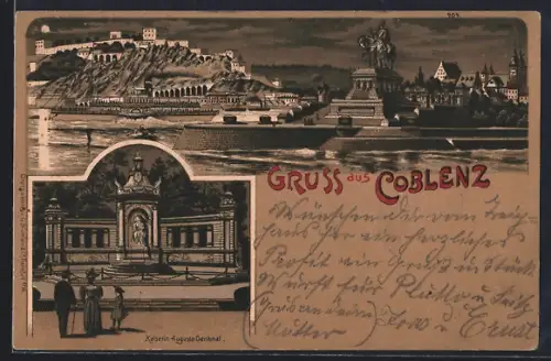 Mondschein-Lithographie Koblenz, Flusspartie am Ort, Kaiserin-Augusta-Denkmal