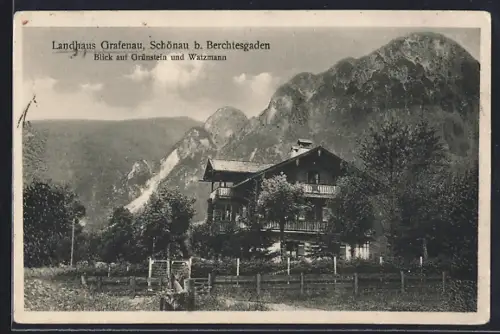 AK Schönau b. Berchtesgaden, Hotel Grafenau, Blick auf Grünstein und Watzmann