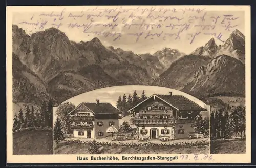 AK Berchtesgaden-Stanggass, Blick auf das Haus Buchenhöhe, Bergpartie