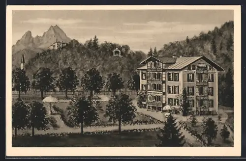 Künstler-AK Berchtesgaden, Hotel Dobmayer mit Gartenanlage