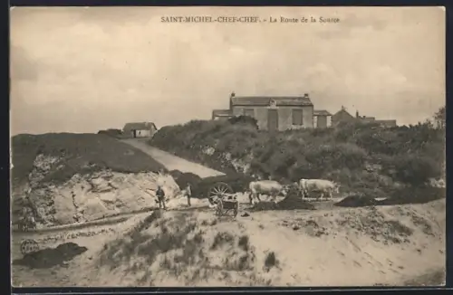AK Saint-Michel-Chef-Chef, La Route de la Source avec chariot et boeufs traversant le chemin rural