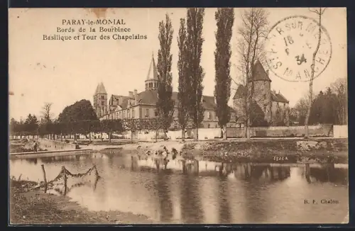 AK Paray-le-Monial, Bords de la Bourbince, Basilique et Tour des Chapelains