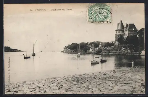 AK Pornic, L`Entrée du Port avec voiliers et château en arrière-plan