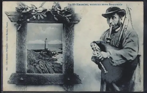 AK St-Nazaire, Recevez mon Souvenir, un joueur de cornemuse et vue du phare sur la côte rocheuse