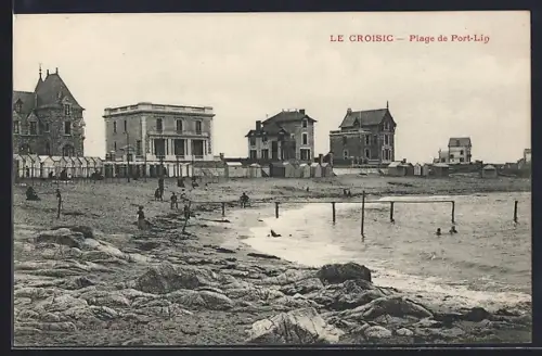 AK Le Croisic, Plage de Port-Lin avec baigneurs et maisons en bord de mer