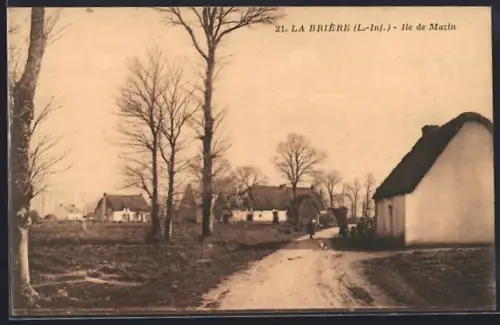 AK La Brière /L.-Inf., Ile de Mazin, scène rurale avec maisons au toit de chaume et arbres dénudés