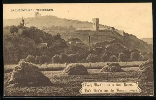 AK Sachsenburg i. Thüringen, Blick vom Feld auf den Ort