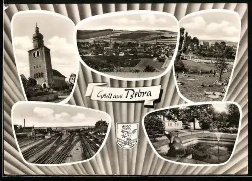 AK Bebra, Gleise am Bahnhof, Kirche, Park mit Brunnen, Wappen