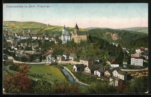 AK Schwarzenberg im Sächs. Erzgebirge, Ortsansicht mit Kirche