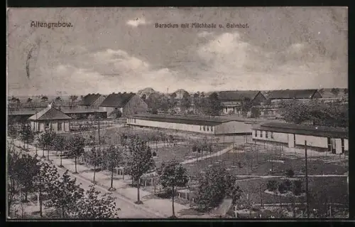 AK Altengrabow, Baracken mit Milchhalle, Bahnhof
