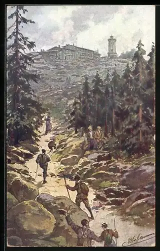 Künstler-AK Brocken, Brockenhotel, Wanderer auf dem Aufstieg