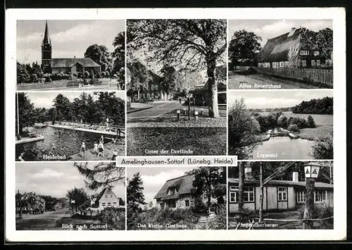 AK Amelinghausen-Sottorf /Lünebg. Heide, Das kleine Gasthaus, Kirche, Heidebad, Altes Bauernhaus, Jugendherberge