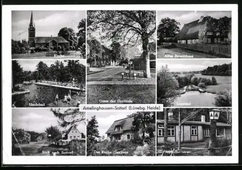 AK Amelinghausen-Sottorf /Lünebg. Heide, Kirche, Heidebad, Altes Bauernhaus, Lopautal, Jugendherberge