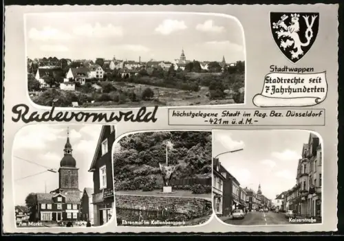 AK Radevormwald, Am Markt, Ehrenmal im Kottenbergpark, Kaiserstrasse, Stadtwappen
