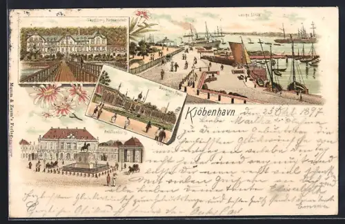 Lithographie Kjöbenhavn, Skodsborg Badeanstalt, Lange Linie, Baseren i. Tivoli, Amalienborg