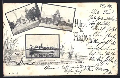 AK Aarhus, Dampfer und Ortspartien im Ufer-Passepartout