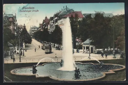 AK Mannheim, Heidelberger Strasse, Brunnen, Strassenbahn