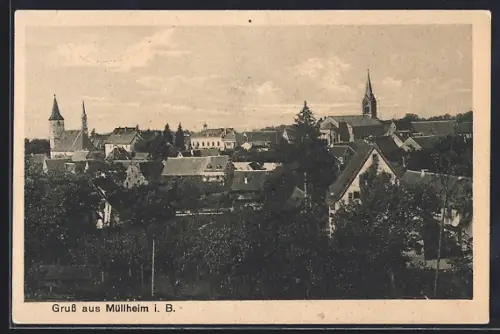 AK Müllheim i. B., Stadtansicht mit Kirche und historischen Gebäuden