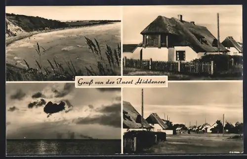 AK Hiddensee, Strand, Reetdachhäuser, Dorfansicht