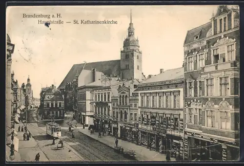 AK Brandenburg a. H., Hauptstrasse, St. Katharinenkirche, Strassenbahn