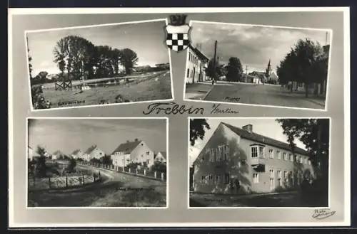 AK Trebbin /Berlin, Siedlung Freie Scholle, Schwimmbad, Markt, Internat, Wappen