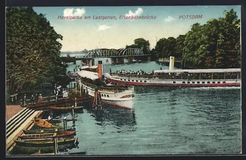 AK Potsdam, Havelpartie am Lustgarten, Eisenbahnbrücke, Dampfer