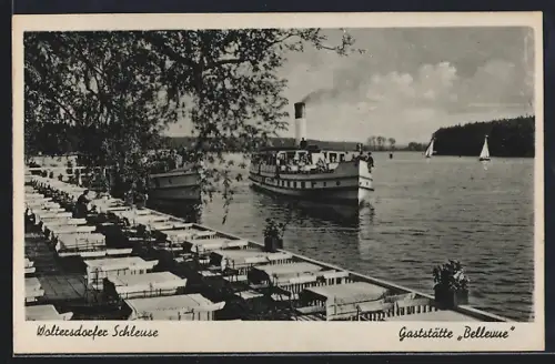 AK Woltersdorfer Schleuse, Gaststätte Bellevue, Dampfer, Terrasse