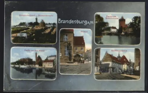 AK Brandenburg a /H., Kriegerdenkmal-Bismarckwarte, Steintorturm, Kurfürstenhaus, Roland