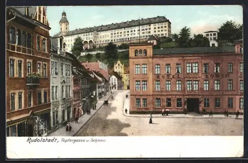 Lithographie Rudolstadt, Töpfergasse, Hotel Löwen, Schloss