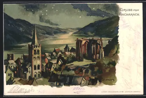 Lithographie Bacharach, Kirche und Ruine Wernerkapelle am Rhein
