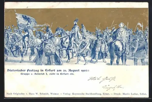 Lithographie Erfurt, Historischer Festzug 1902, Heinrich I. zieht in Erfurt ein