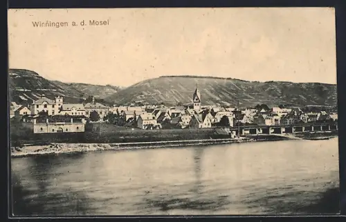 AK Winningen a. d. Mosel, Ortsansicht mit Kirche und Moselufer