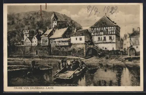 Künstler-AK Dausenau-Lahn, Fähre, historisches Gasthaus, Inh. H. Karbath