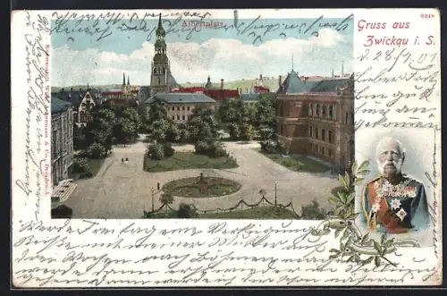 AK Zwickau i. S., Albertplatz, Rathaus, Kirche, König Albert
