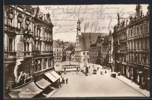 AK Zwickau i. Sa., Hauptmarkt, Strassenbahn, Rathaus