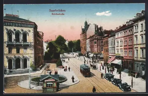 AK Saarbrücken, Reichsstrasse, Strassenbahn, Geschäftshäuser
