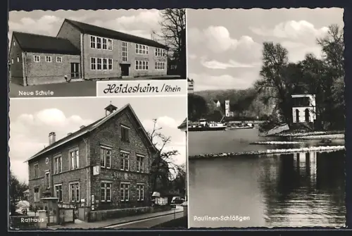 AK Heidesheim /Rhein, Neue Schule, Rathaus, Paulinen-Schlössgen