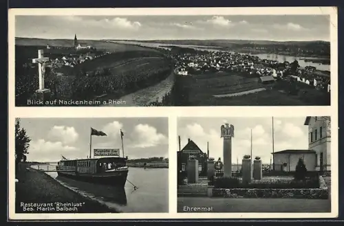 AK Nackenheim a. Rhein, Ortsansicht, Restauration Rheinlust Bes. Martin Balbach, Ehrenmal