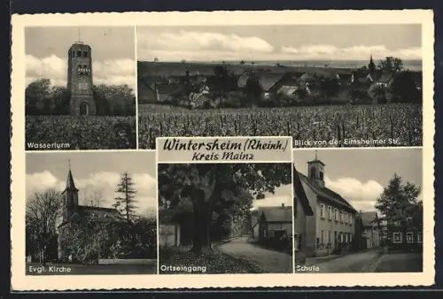 AK Wintersheim /Mainz, Wasserturm, evgl. Kirche, Schule