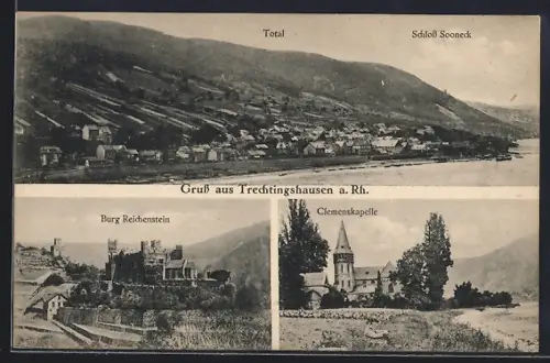 AK Trechtingshausen a. Rh., Totalansicht m. Schloss Sooneck, Burg Reichenstein, Clemenskapelle